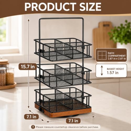 3 Tier Rotating Tea Bag Organizer Iron & Acacia Wood 360°Spinning Carousel