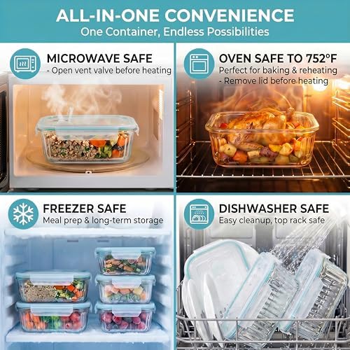 5-Packs, 36 Oz Glass Meal Prep Containers with Snap Locking Lids Glass Food Containers,Airtight Lunch Container,Microwave, Oven, Freezer and Dishwasher