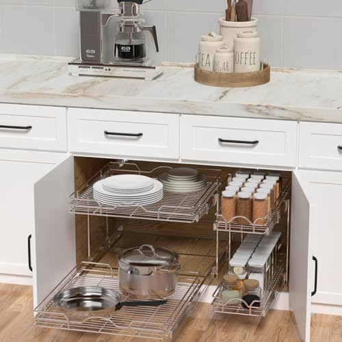 2 Tier Pull Out Cabinet Organizer (14" W x 21" D), Pull Out Drawers for Kitchen Cabinets, Pull Out Shelves for Base Cabinet Organization in Kitchen Bathroom Pantry, Chrome Finish