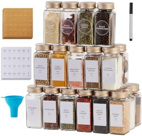 25 Pcs Spice Jars with Label- Glass Spice Jars with Gold Metal Caps