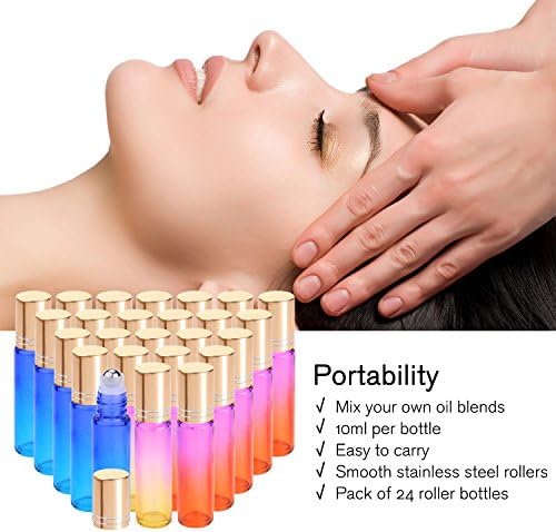 PrettyCare 24 Pack, 10 ml Essential Oil Roller Bottles with Stainless Steel Roller Ball - Refillable Leak-proof Empty Thick Rainbow Glass Roll on Bottles with Metal Caps for Travel, Perfume - Image 6