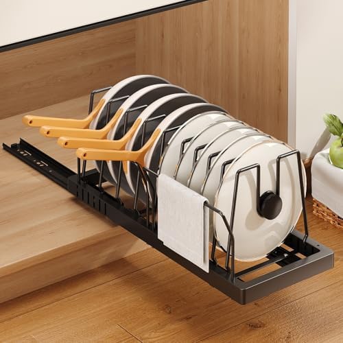 Pots and Pans Organizer Under Cabinet, 21.6" Deep Pull Out Pot Lid Organizer Holder with Guardrail Adhesive Pot and Pan Holder Rack with 10 Adjustable Dividers-1 Pack(Black)