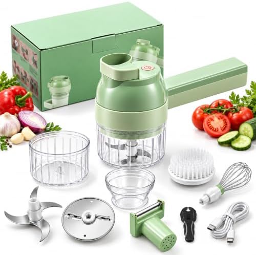 4 in 1 Handheld Electric Vegetable Chopper - 2026 New Wireless Multi Blade Vegetable Cutter Electric, Multi-function Food Processor with Brush & Egg Beater for Chopping, Slicing and Whipping
