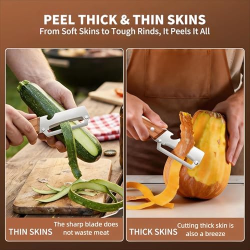 2 Pack Multifunctional Vegetable Peeler,Stainless Steel Peeler with Wooden Handle& Bottle Opener, 2 in 1 Vegetable Peeler for Kitchen, Zero Snag Wooden Kitchen Tool for Potato, Apple)