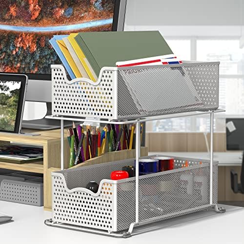 2 Tier Sliding Cabinet Basket Organizer Drawer, White
