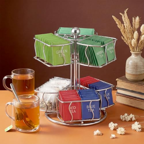 Tea Bag Organizer, 360 Degree 2 Tier Tea Bag Spining Carousel Organizer with 6 Compartments for Countertop Kitchen Cabinet, Holds Up to 60 Bags