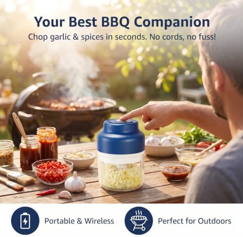 350ML Mini Electric Garlic Chopper, Mini Portable Veggie Chopper USB Charging Wireless Food Processor, Upgrade Electric Mini Garlic Chopper Set Wireless Veggie Grinder (Blue) - Image 4