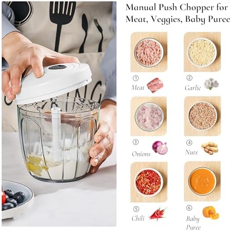 Pull‑String Manual Food Chopper with Sharp Blades, 900ml White