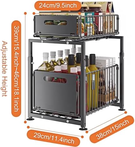Under Sink Organizer, 2-Tier Multi-Use Kitchen and Bathroom Organizers and Storage, Slide Out Thickened Metal Under The Sink Organizer for Kitchen Bathroom Pantry (Style A Black, 1 Pack)