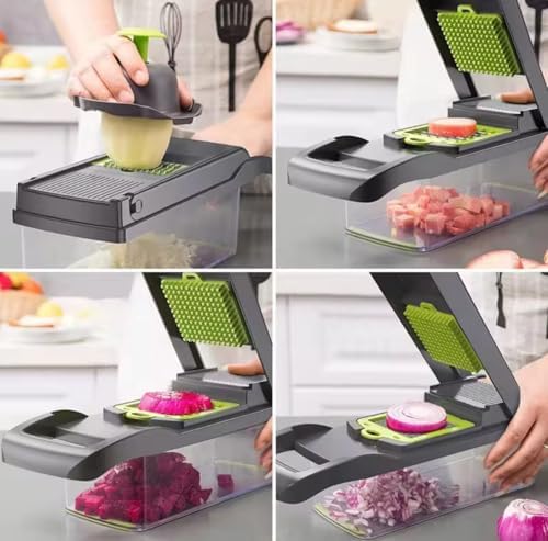 Veggie slicer 16 pieces (Gray, 1) 16 pieces hand operated vegetable slicer, veggie chopper, food chopper, onion cutter. - Image 3