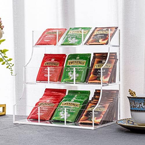 3 Tier Clear Acrylic Tea Bag Organizer, Countertop or Wall Mount