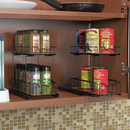 2-Tier Spice Rack Slide Out Wire Basket Drawer, Black