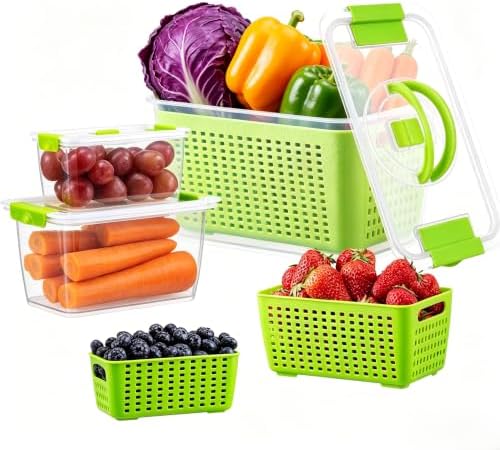 Produce containers for fridge,3 Set Fruit Containers with Removable Colander, BPA-Free Produce Saver Containers with Lids Dishwasher&Microwave Safe Keep Fruits, Vegetables, Berry, Fresh Longer