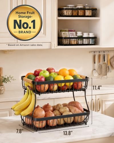 2-Tier Fruit Basket with Banana Hangers, Detachable Metal Bowl