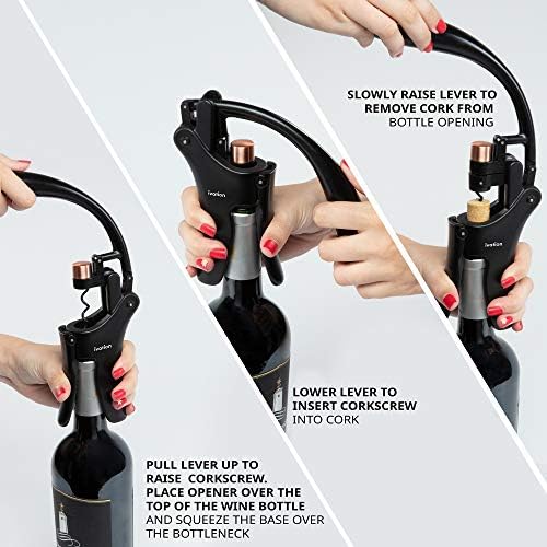 Wine Bottle Opener | Manual Handheld Corkscrew with Ergonomic Lever Pump, Standing Vertical Design, Soft Bottleneck Grip, Nonstick Screw & Easy No-Twist Cork Removal | Black & Bronze Stainless
