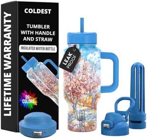 Coldest Tumbler with Handle & Coffee Lid - 100% Spill Proof Tumbler (3 Lids) - Stainless Steel Insulated Leakproof Tumblers for Women & Men - Cup Holder Friendly - 24 oz (Pink Peach Tree) by Coldest