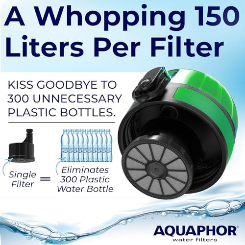 Filtered Water Bottle, Leakproof, BPA-Free, Motivational Markings, Travel, Everyday Use. 40-Gallon Filter, Replaces 300 Plastic Water Bottles. Includes 1 Filter, 22 FL Oz, Green by Aquaphor