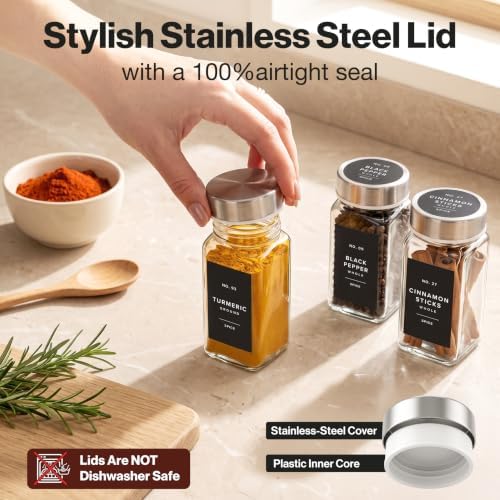 Glass Spice Jars with Label, 24x Stainless Steel Lids