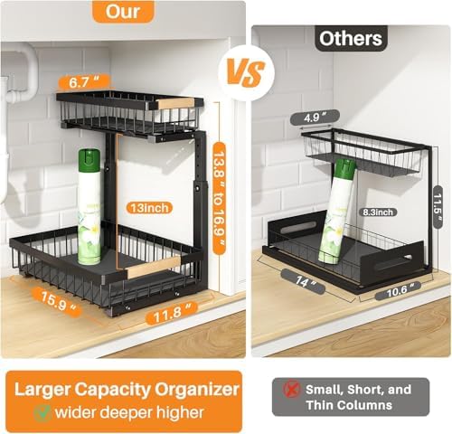 Under Sink Organizer, Adjustable Height, 2 Tier Pull Out Under Cabinet Organizer, Slide Out Thickened Metal Under Sink Storage for Kitchen Bathroom Laundry Pantry Cabinet, Black, Large-2-Pack
