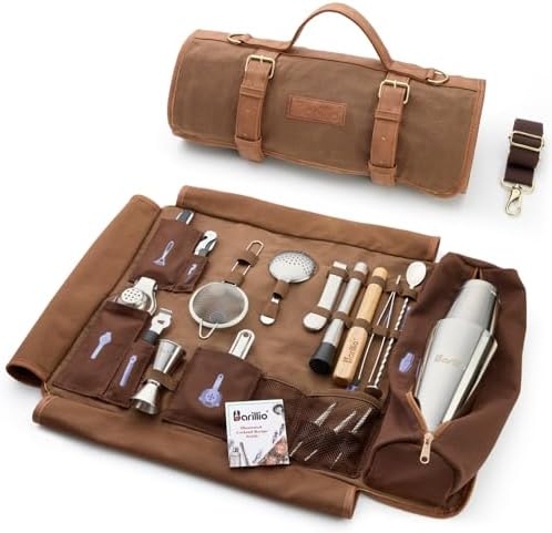 Bartender Kit Bag with Cocktail Shaker Set - Waxed Canvas, Traveling Bar Tools Bag with 17-Pc Cocktail Kit - Travel Mixology Bartending Kits - Mobile Bar Roll with Strap & Accessories