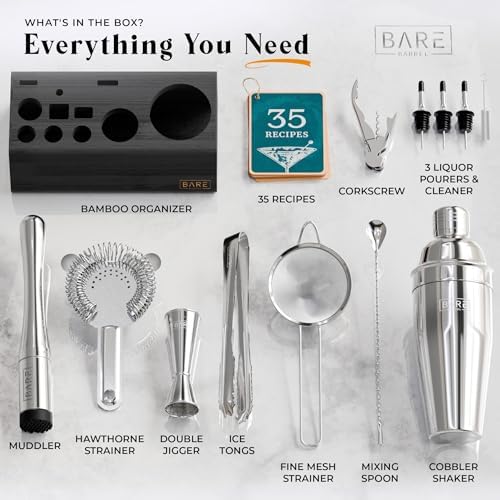 Mixology Bartender Kit Bar Set | 14-Piece Cocktail Shaker Set | Martini Barware Mixing Tools for Home Bartending | Incl. 35 Recipe Cards | Gift Set (24oz Cobbler Shaker, Silver/Black)