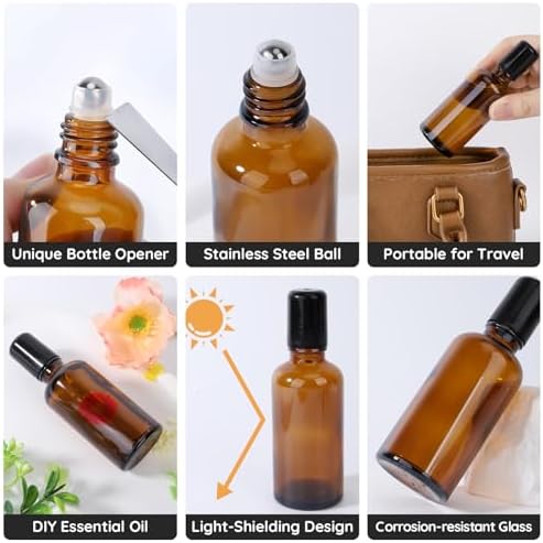 Segbeauty 1.69oz Glass Roller Bottles for Essential Oils, 5 Pack of 50ml Amber Empty Rollerball Bottles for Oil, Anointing Oil Bottle for Travel Storage, Perfume Refill Bottle Travel Size Containers - Image 2