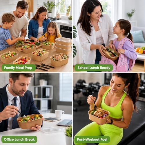50 Disposable Meal Prep Containers 29oz Kraft Paper Bowls with Lids & Forks