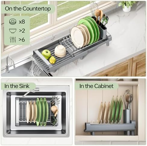 Small Dish Drying Rack, Expandable and Space-Saving, Gray