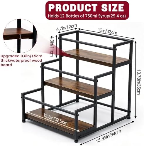 3‑Tier Coffee Syrup Organizer, Metal Countertop Bottle Holder, Holds 12 Standard 25.4oz Syrup Bottles, Rustic Coffee Bar Storage Display Shelf, Cabinet Wine Rack & Kitchen Spice Rack