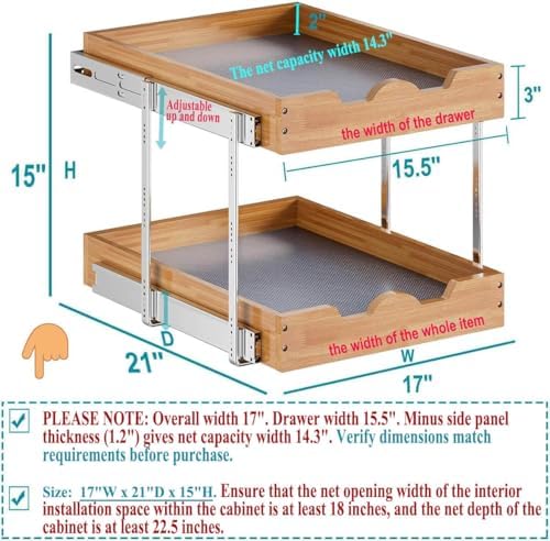 2 Tier Pull Out Cabinet Organizer (17"W x 21"D), Double Tier Slide out Wood Drawer Shelf, Pull Out Shelves for Base Cabinet Organization in Kitchen, Pantry, Bathroom