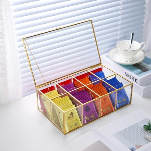 Glass Tea Bag Organizer, 8-Compartment Tea Storage Box, Gold