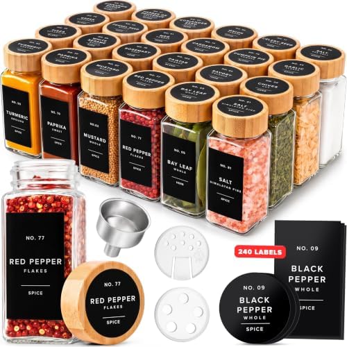 Glass Spice Jars with Label, 24x Bamboo Wooden Lids - Black Labels