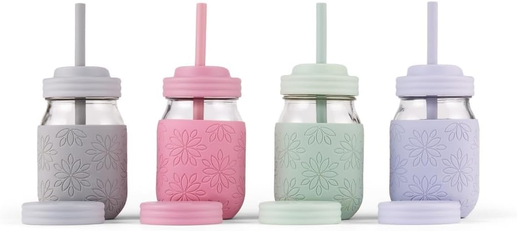 Kids/Toddler 16oz Glass Mason Jars + Sleeves + Lids | 4pk