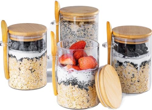 Overnight Oats Containers with Lids,16oz Overnight Oats Jars 4 Pack, Oatmeal Cups,Meal Prep Containers,Glass Meal Prep Containers with Lids,China Pudding Jars