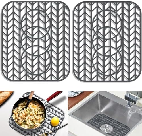 Sink Protectors for Kitchen sink, 13 5/8" x 11 5/8" Folding Non-slip Silicone Sink Mat Grid for Bottom of Farmhouse Stainless Steel Porcelain with 3 Reserved Holes Pack of 2