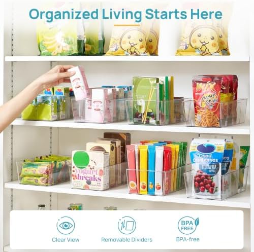 8 Pack Food Storage Organizer Bins, Clear Plastic, 4 Compartments
