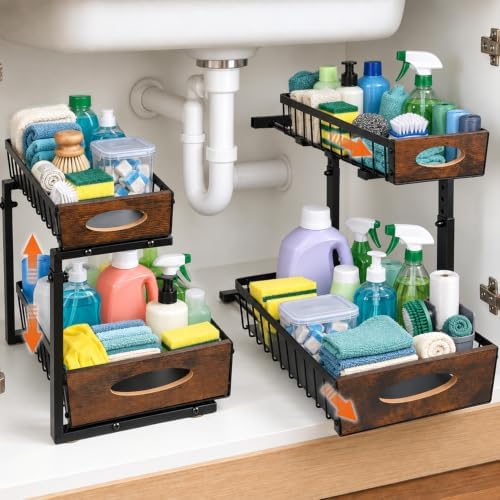 2 Pack Under Sink Organizer, Heavy Duty 2 Tier Pull Out Cabinet Organizer