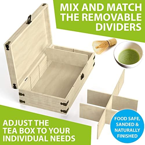 Large Wooden Tea Organizer Box, Big 14" Pine Storage Chest | 8-Slot Tall, Adjustable Shelves | 100% Handmade Craft Eco-Friendly Natural Décor