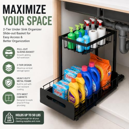 Under Sink Organizer, 2-Tier Pull-Out Kitchen Bathroom Storage Rack, Black