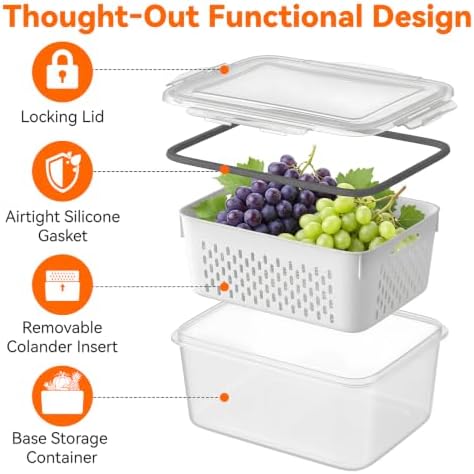 5 Pack Large Fruit Storage Containers for Fridge Set, Removable Colander