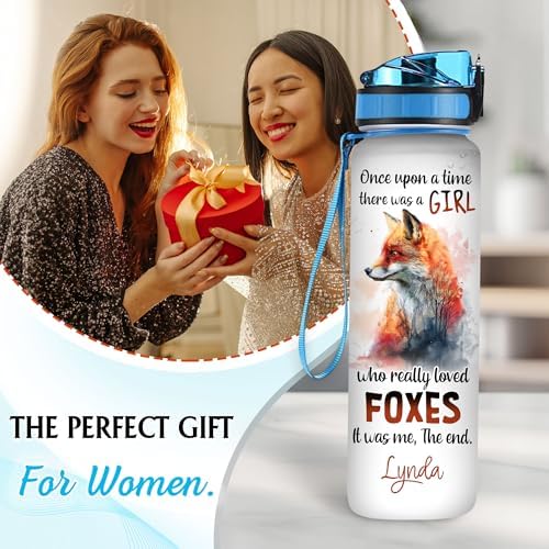 Personalized Fox Lovers 32 Oz 1Liter Motivational Water Bottle, Once Upon A Time Girl Love Foxes Custom Name Water Bottle With Time Marker, Gifts For Women Girl On Birthday, Mother Day's