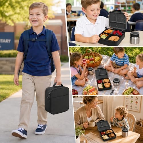 Bento Lunch Box Set for Kids with 8oz Soup Thermo, Leak-Proof Lunch Containers with 4 Compartment, Kids Thermo Hot Food Jar and Insulated Lunch Bag for Kid to School-Black