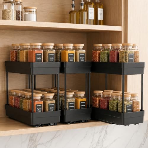 Pull Out Spice Rack, 3 Pack 2-Tier Cabinet Organizer, Black