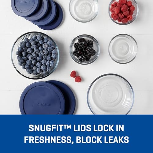 12 Piece Glass Storage Containers with Lids (6 Glass Food Storage Containers & 6 Navy Blue SnugFit Lids)