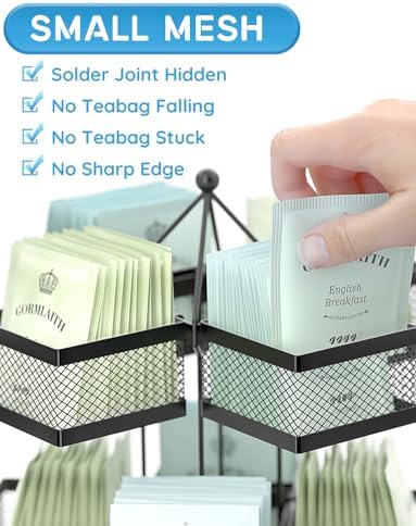 Tea Bag Organizer, Tea Bag Storage Holder Spinning Carousel 96 Teabags Container, Lazy Susan Coffee Creamer Sweetener Tea Caddy for Kitchen Counter Cabinet Pantry Shelf Organizer