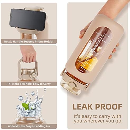 64 oz Glass Water Bottle with 2-in-1 Straw Lid Large Half Gallon Water Bottle with Time Marker & Removable Silicone Sleeve,Wide Mouth BPA-Free Borosilicate Bottle for Gym, Workout & Daily Use