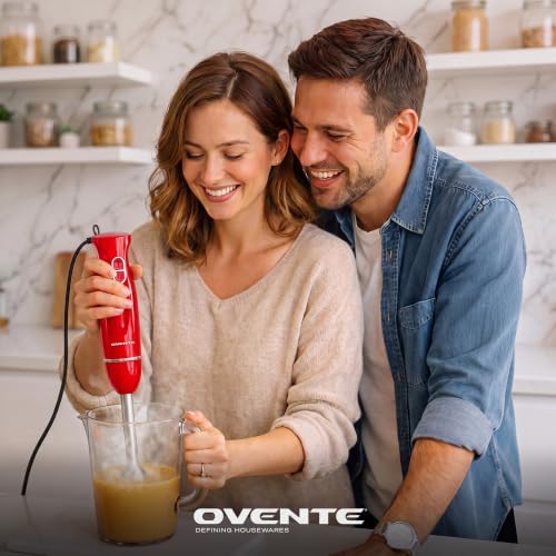 Electric Hand Blender Set with 2 Mixing Speeds, Red HS565R