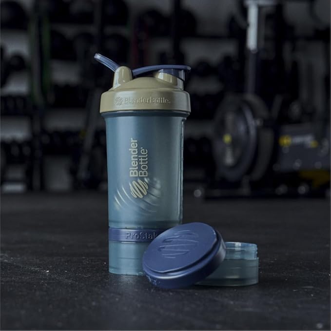 BlenderBottle Shaker Bottle with Pill Organizer and Storage for Protein Powder, Classic V2 ProStak System, 22-Ounce, Tan