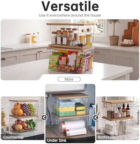 Trash Bag Holder 2 Pack, Stackable Garbage Bag Dispenser with Bamboo Lid, Large Capacity Under Sink Organizer for 13/30/33 Gallon Bags, Clear Storage Bins for Kitchen, Laundry Room