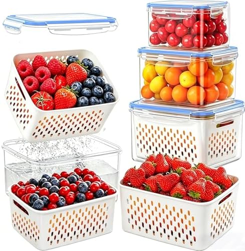 3PCS Fruit Storage Containers for Fridge – Airtight Produce Saver with Removable Drain Basket, BPA-Free Berry Keeper, Stackable Food Storage Containers for Vegetables, Lettuce & Meal Prep (Blue)
